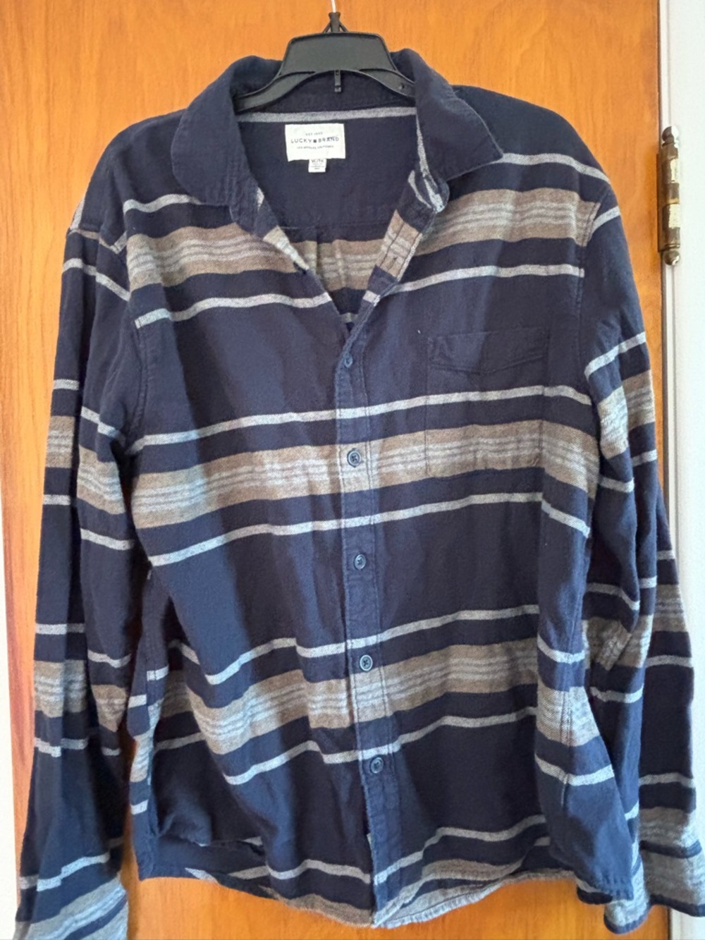 Lucky Brand Navy and Gray Striped Casual Button-Down Shirt